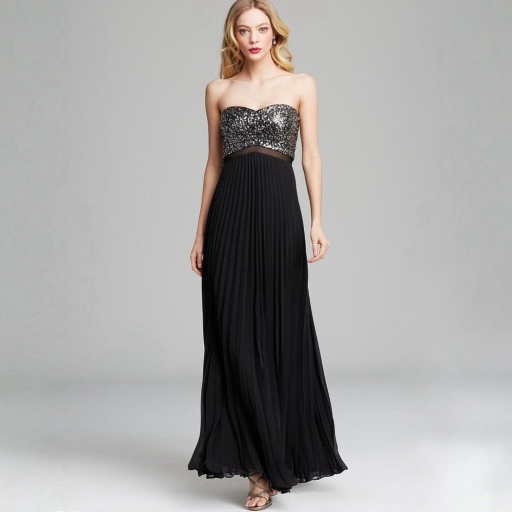 AQUA Black Chiffon Sequins Strapless Sweetheart Formal Gown - Picture 1 of 9